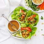 Overhead view of Thai Chicken Lettuce Wraps Drizzled with Peanut Sauce