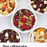 6 different flavors of trail mix in small white bowls