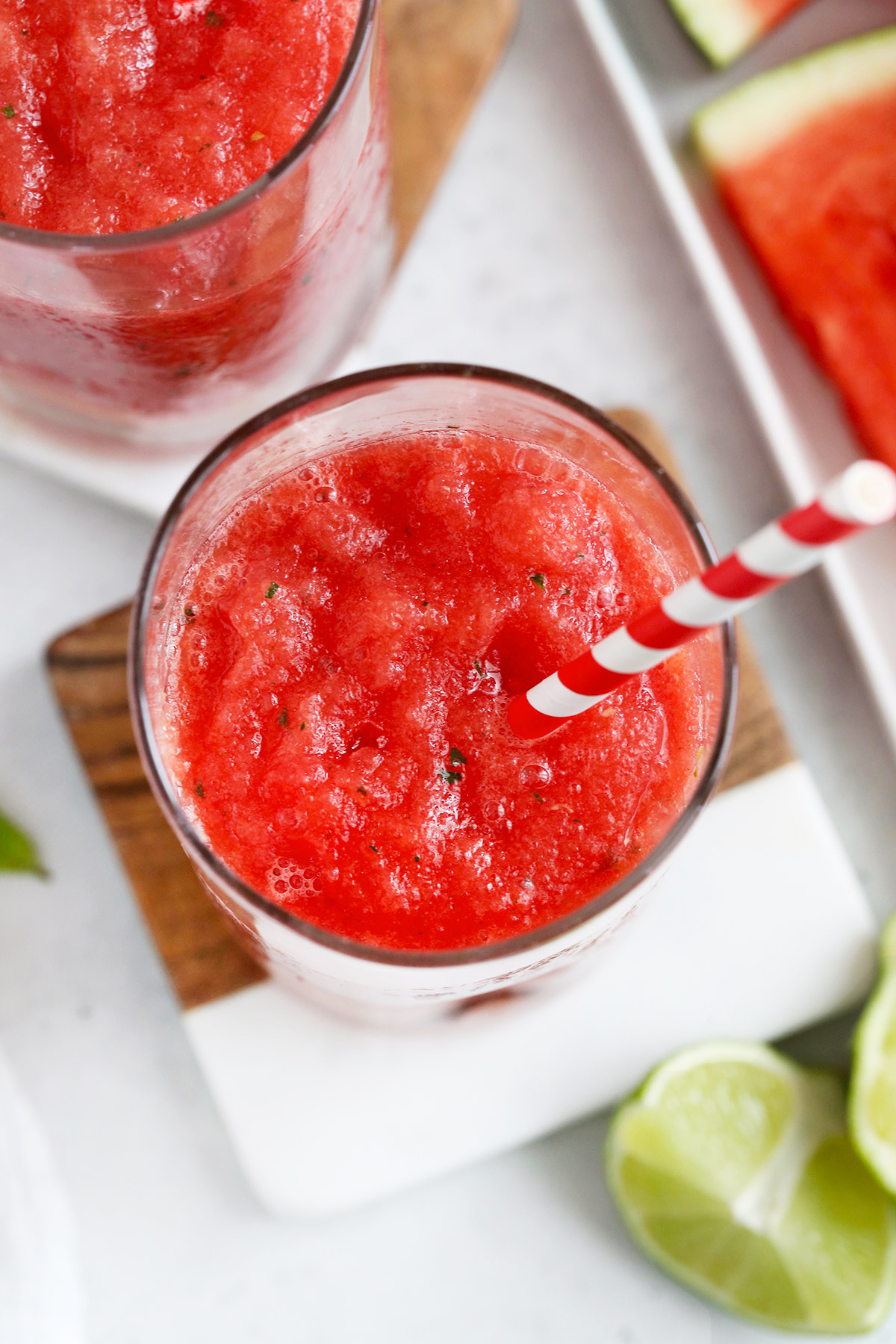 Watermelon Slushies with Red and White Striped Straws