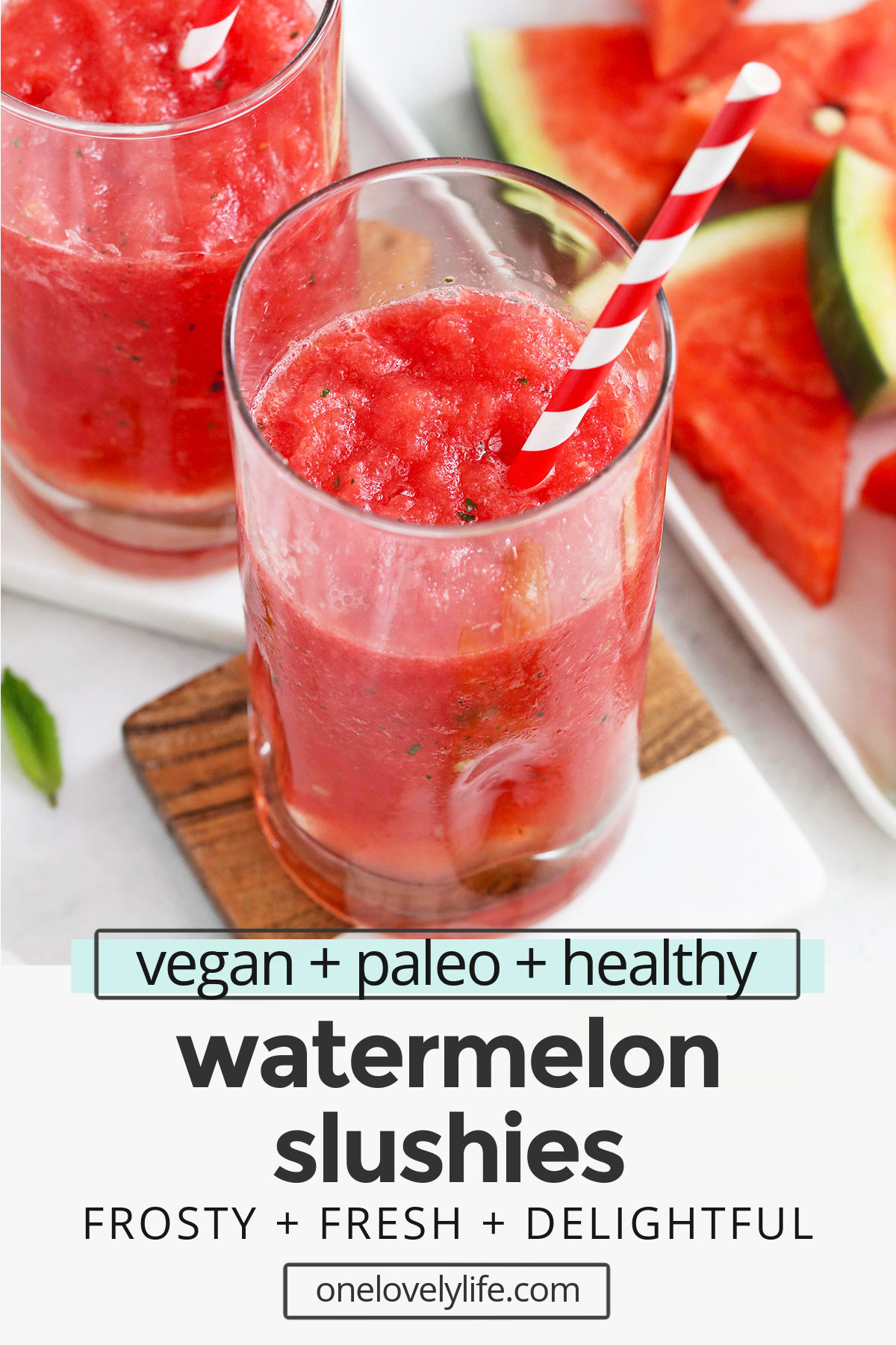 Watermelon Slushie - These frosty watermelon slushies are made from whole-food ingredients and taste AMAZING. So refreshing on a hot day! (Paleo, Vegan) // Watermelon slushy // watermelon icee // watermelon frosty // watermelon drink // watermelon cooler