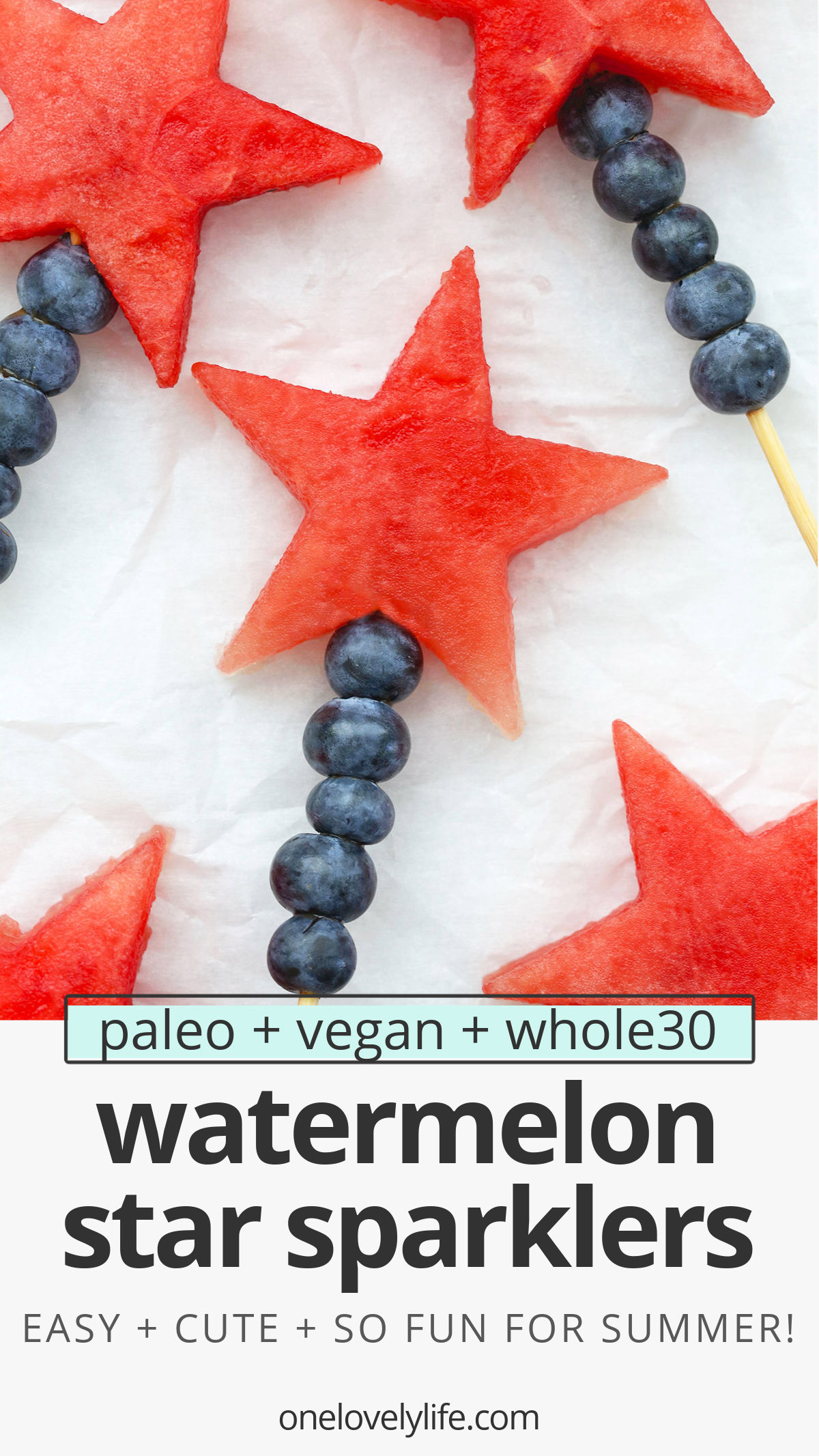 Watermelon Star Sparklers - Watermelon stars and blueberries combine to make these fun, patriotic fruit sparklers. They're a perfect, easy snack or summer side dish. (Naturally Paleo, Vegan & Gluten-Free) // Patriotic Fruit Skewers // 4th of July Side Dish // Red White and Blue Recipes #snack #4thofjuly #summerrecipe #sidedish #fruit #healthysnack