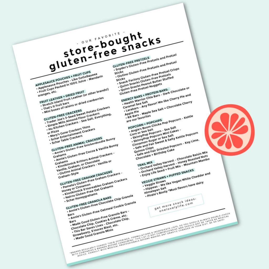 Printable list of store bought gluten free snacks for kids