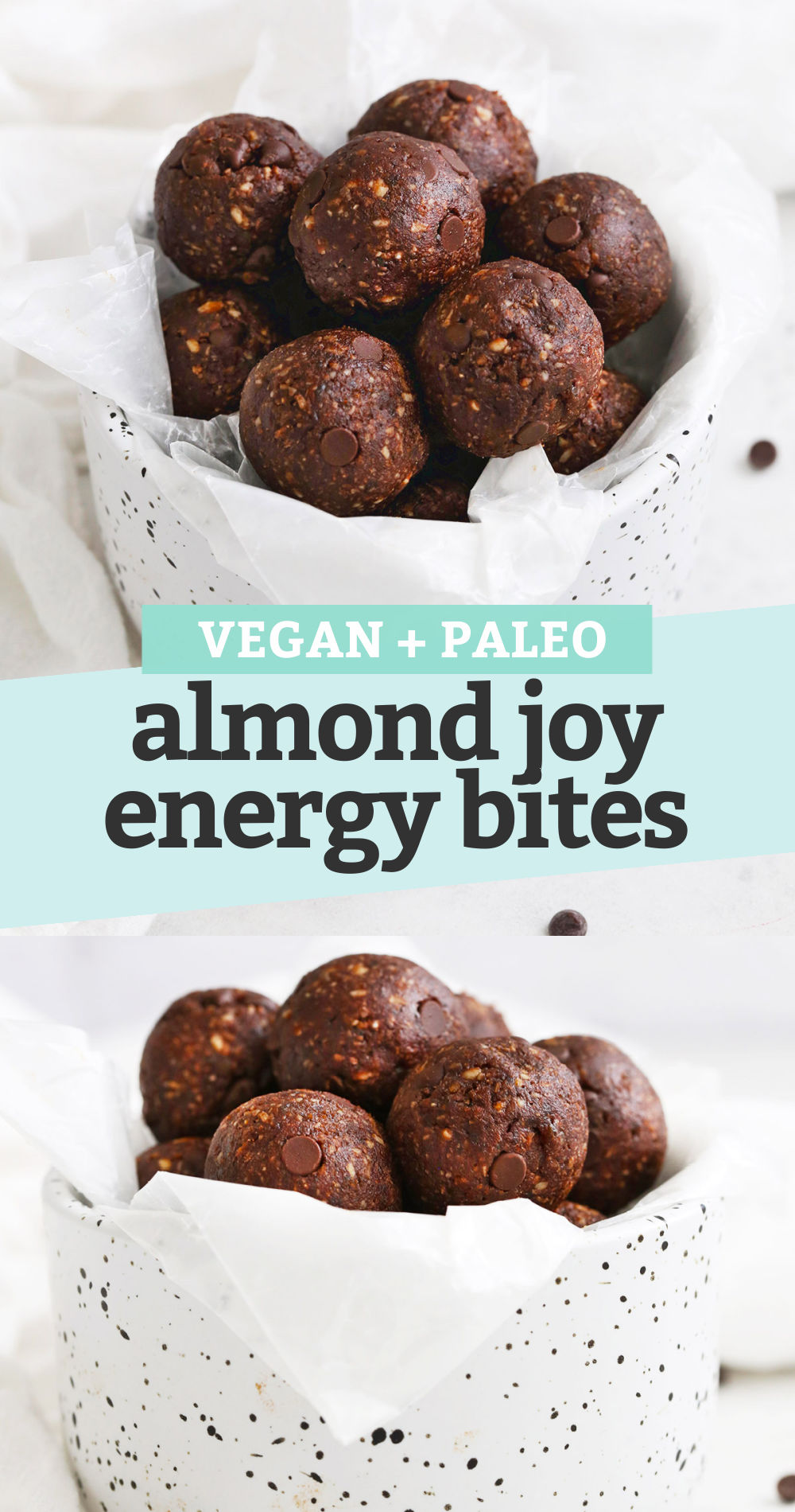 Collage of images of almond joy energy bites with text overlay that reads "vegan + paleo almond joy energy bites"