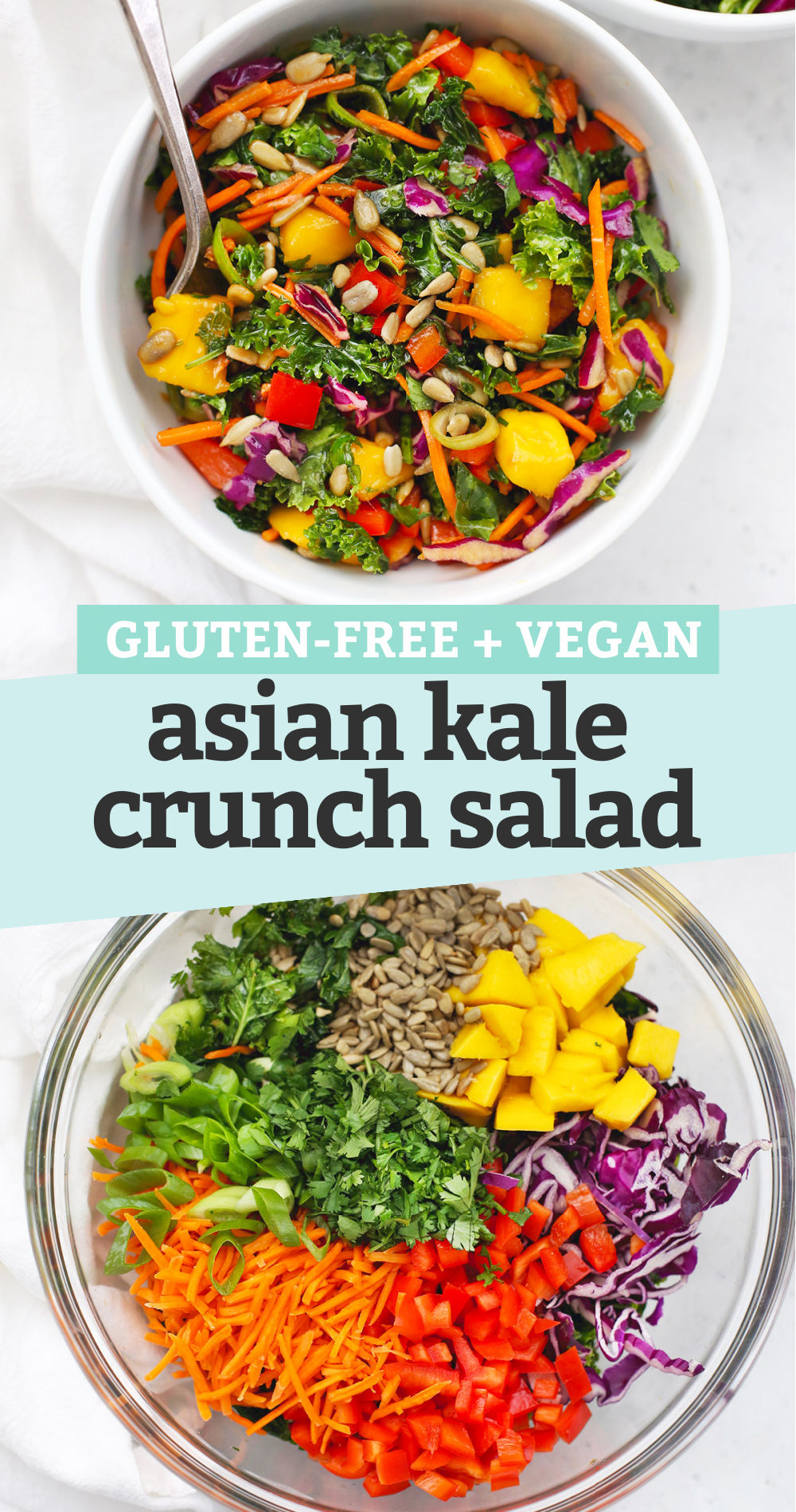 Collage of images of Asian Kale Crunch Salad with text overlay that reads "Gluten-free + Vegan Asian Kale Crunch Salad"