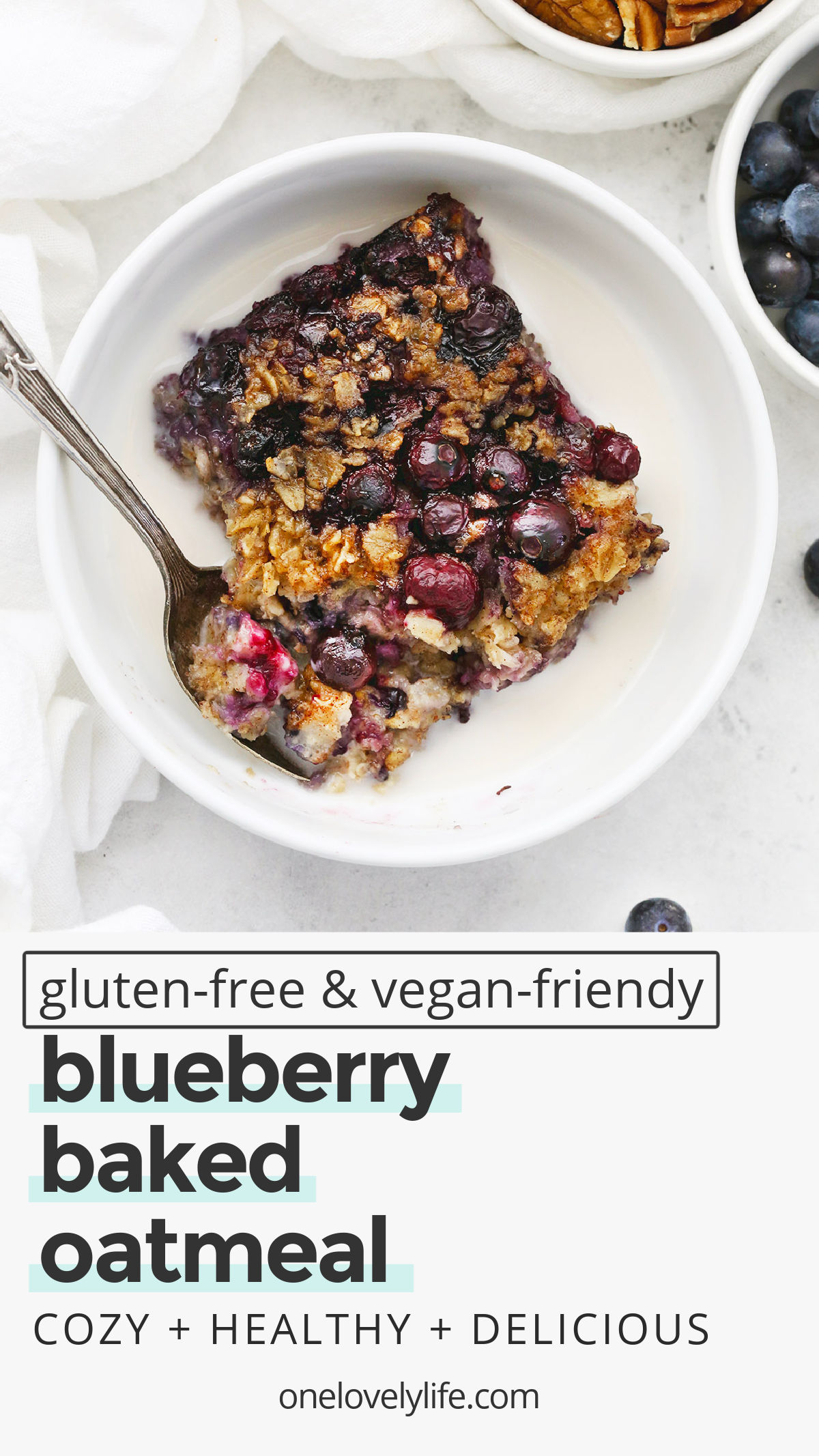 Baked Blueberry Oatmeal - Cozy baked oatmeal with plenty of blueberries and warm spices. This baked oatmeal recipe is perfect for meal-prep, lazy weekends, and feeding a crowd! // Baked Blueberry Oatmeal // Baked oatmeal recipe // meal prep breakfast // blueberry oatmeal // blueberry oatmeal bake // vegan breakfast // healthy breakfast // gluten free breakfast //