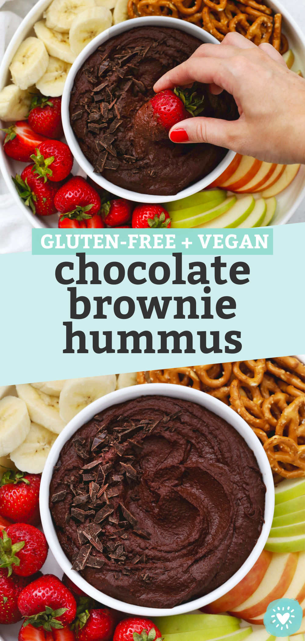 Two photos of chocolate brownie hummus on a fruit plate with text overlay that reads "Gluten-Free + Vegan Chocolate Brownie Hummus"