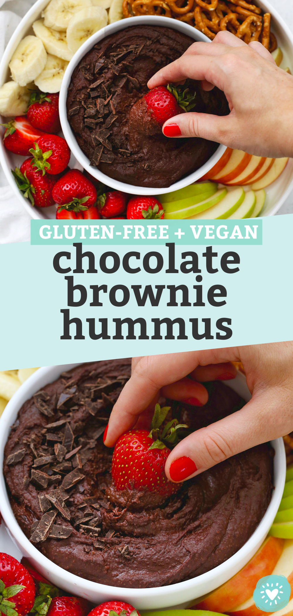 Two photos of chocolate brownie hummus on a fruit plate with text overlay that reads "Gluten-Free + Vegan Chocolate Brownie Hummus"
