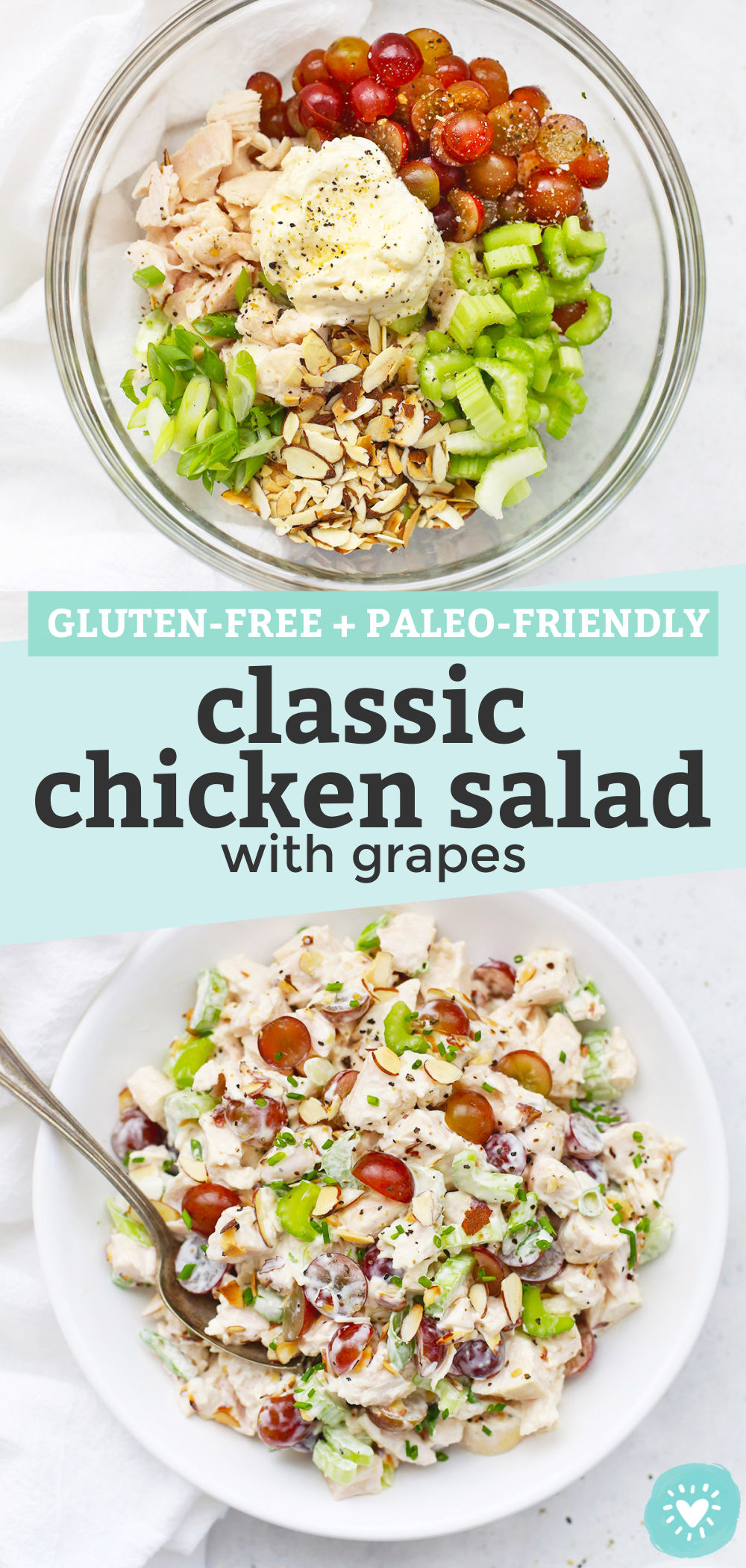 Collage of images of classic chicken salad with grapes with text overlay that reads "Gluten-Free + Paleo-Friendly Classic Chicken Salad with Grapes"