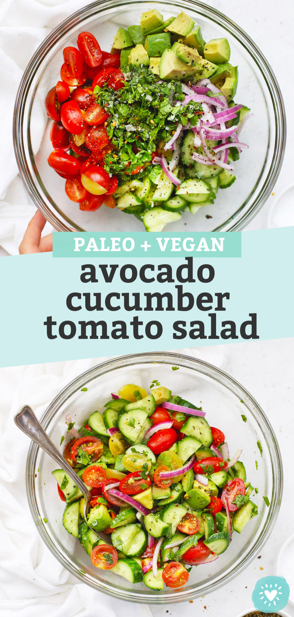 Collage of images of avocado cucumber tomato salad with text overlay that reads "Vegan + Paleo avocado cucumber tomato salad."