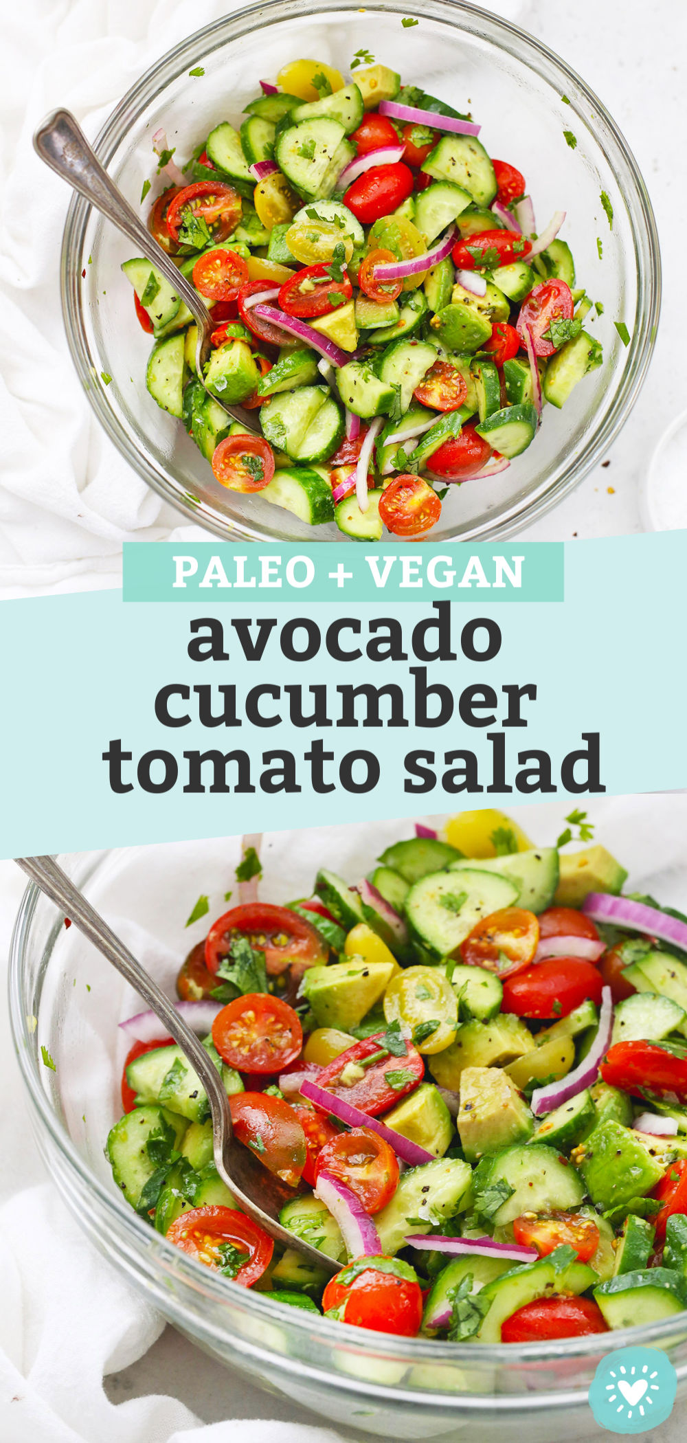 Collage of images of avocado cucumber tomato salad with text overlay that reads "Vegan + Paleo avocado cucumber tomato salad."