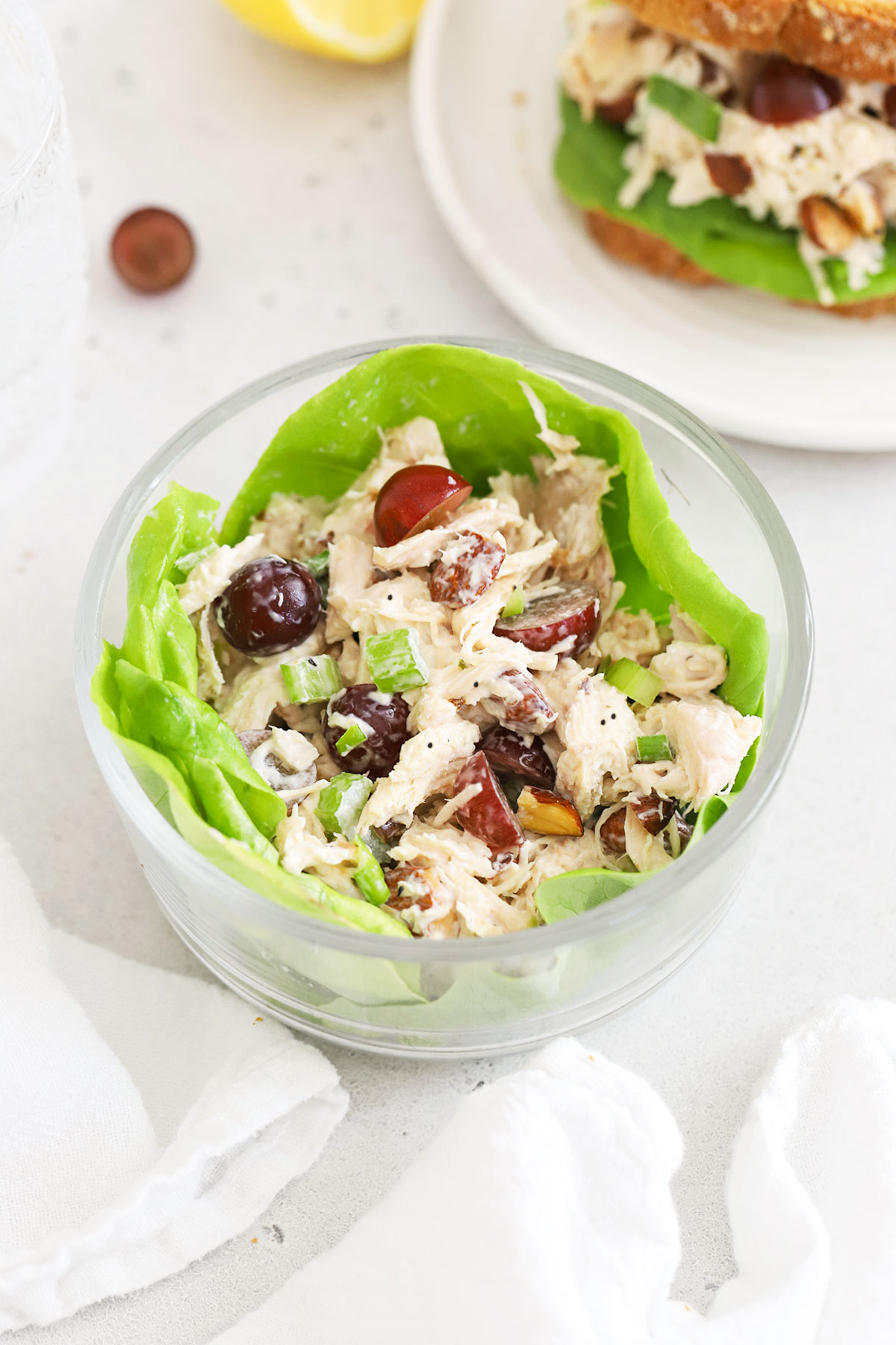 classic chicken salad with grapes over salad greens