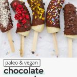 Overhead view of frozen chocolate covered bananas pops with different toppings