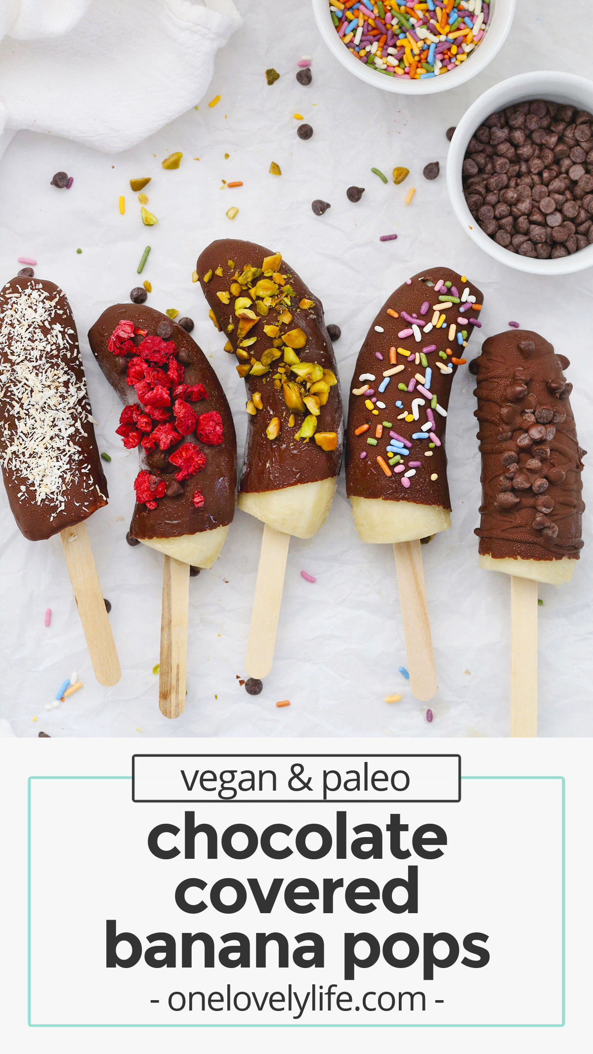 Healthy Chocolate Covered Bananas - These chocolate-dipped bananas are a delicious healthy snack or healthy dessert. Plus, they're gluten-free, vegan & paleo! // Chocolate Covered Banana Pops // Frozen Chocolate Bananas // chocolate dipped banana pops // healthy snack / healthy dessert / disneyland frozen bananas / healthy treat / healthy popsicle / kid friendly snack / summer snack / frozen bananas / paleo / vegan / gluten free
