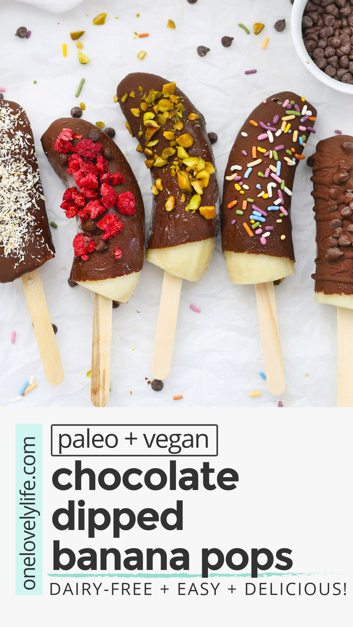 Healthy Chocolate Covered Bananas - These chocolate-dipped bananas are a delicious healthy snack or healthy dessert. Plus, they're gluten-free, vegan & paleo! // Chocolate Covered Banana Pops // Frozen Chocolate Bananas #paleo #healthytreat #healthysnack #vegan #bananas #chocolate