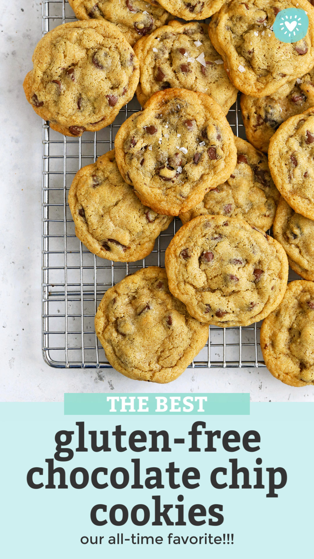 Overhead view of gluten-free chocolate chip cookies cooling on a cooling rack with text overlay that reads "The Best Gluten Free Chocolate Chip Cookies. Our all-time favorite!"