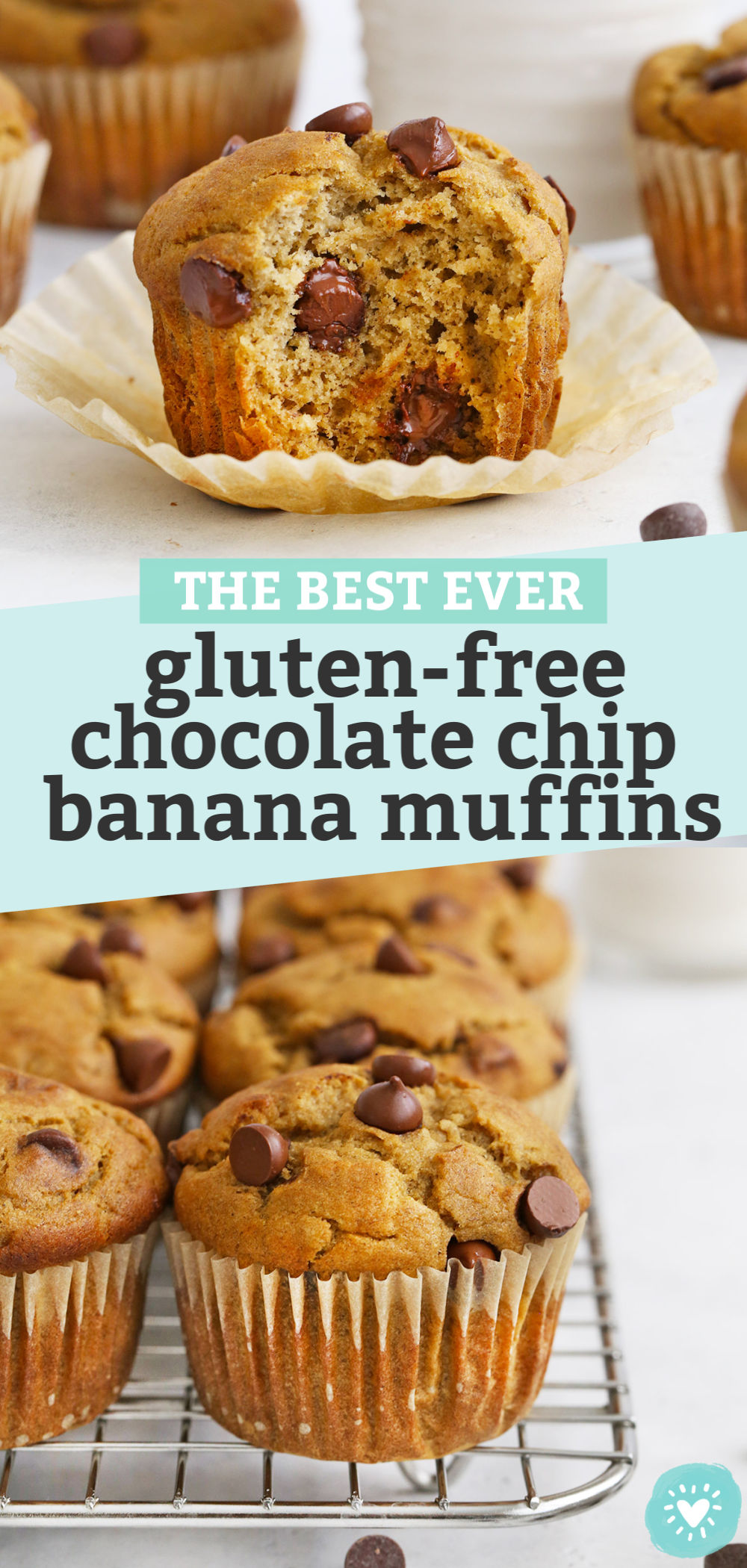 Collage of images of Gluten-Free Chocolate Chip Banana Muffins with text overlay that reads "The Best Ever Gluten-Free Chocolate Chip Banana Muffins"