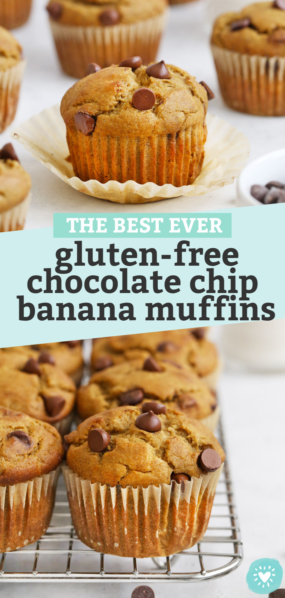 Collage of images of Gluten-Free Chocolate Chip Banana Muffins with text overlay that reads "The Best Ever Gluten-Free Chocolate Chip Banana Muffins"