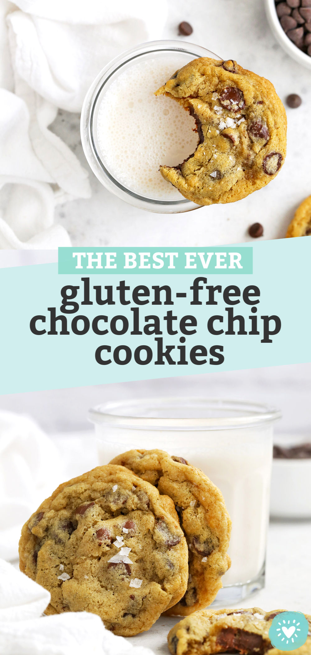 Collage of images of gluten free chocolate chip cookies with text overlay that reads "The Best Ever Gluten-Free Chocolate Chip Cookies"