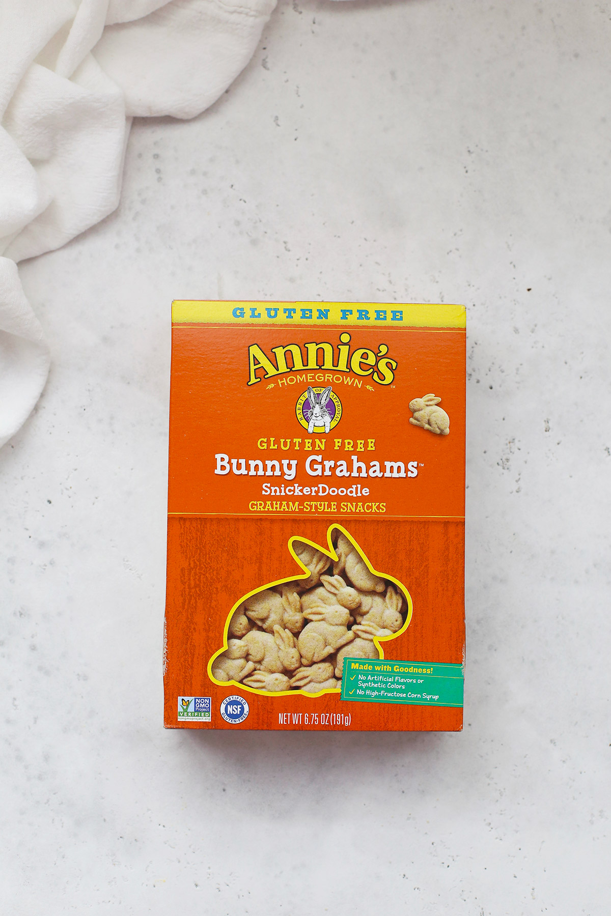 A box of Annie's Gluten-Free Snickerdoodle Bunnies crackers on a white background
