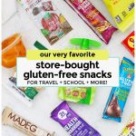 Collage of store-bought gluten-free snacks for kids