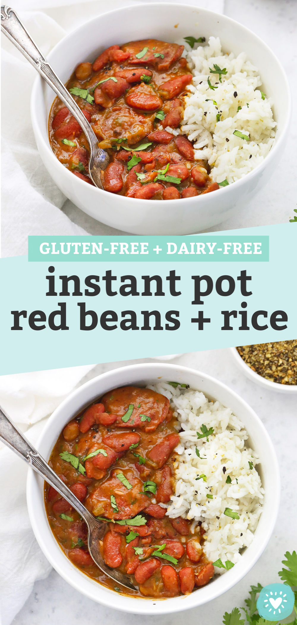 Collage of images of Instant Pot Red Beans and Rice in a bowl garnished with fresh herbs with text that reads "Gluten-Free + Dairy-free instant pot red beans + rice"