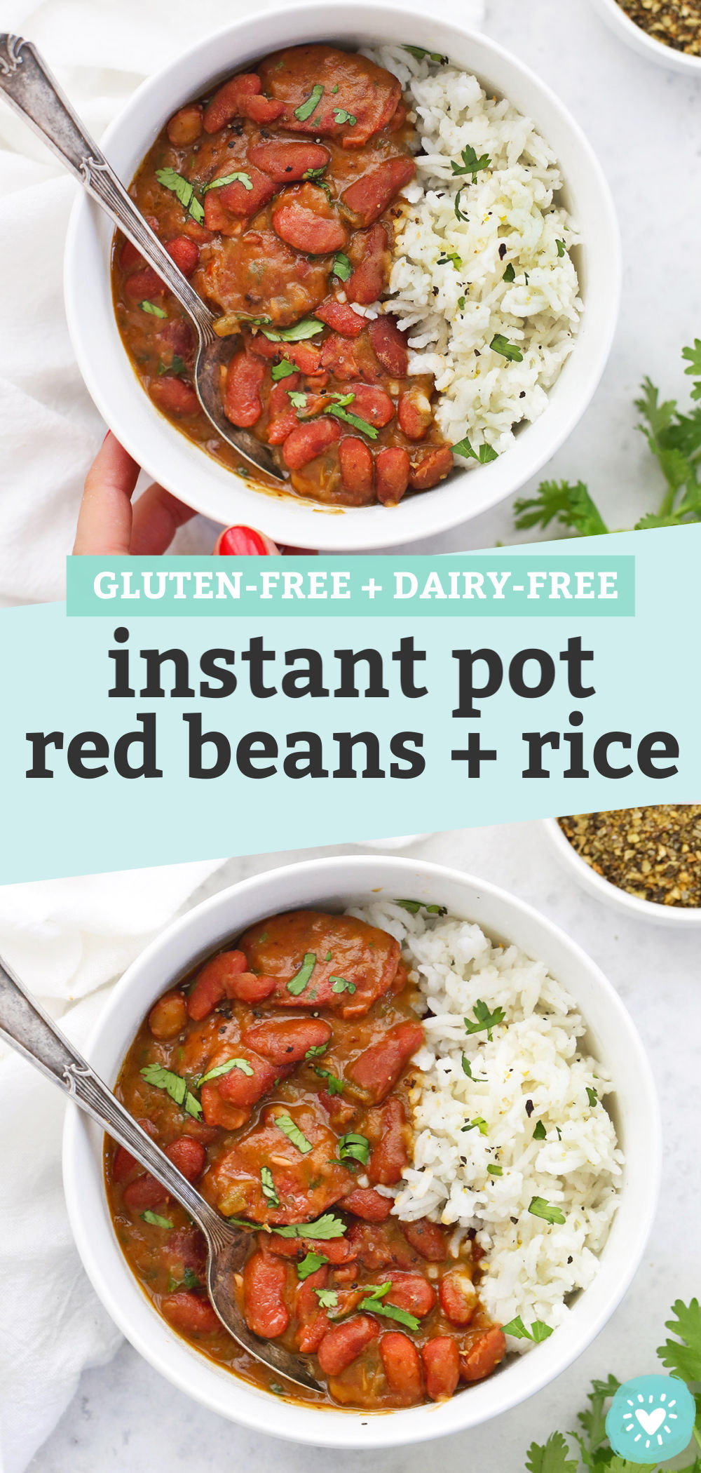 Collage of images of Instant Pot Red Beans and Rice in a bowl garnished with fresh herbs with text that reads "Gluten-Free + Dairy-free instant pot red beans + rice"