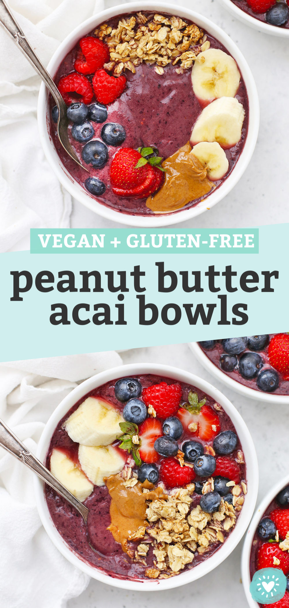 Collage of images of peanut butter acai bowls with text overlay that reads "Vegan + Gluten-Free Peanut Butter Acai Bowls"