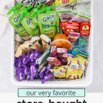 Collage of store-bought gluten-free snacks for kids