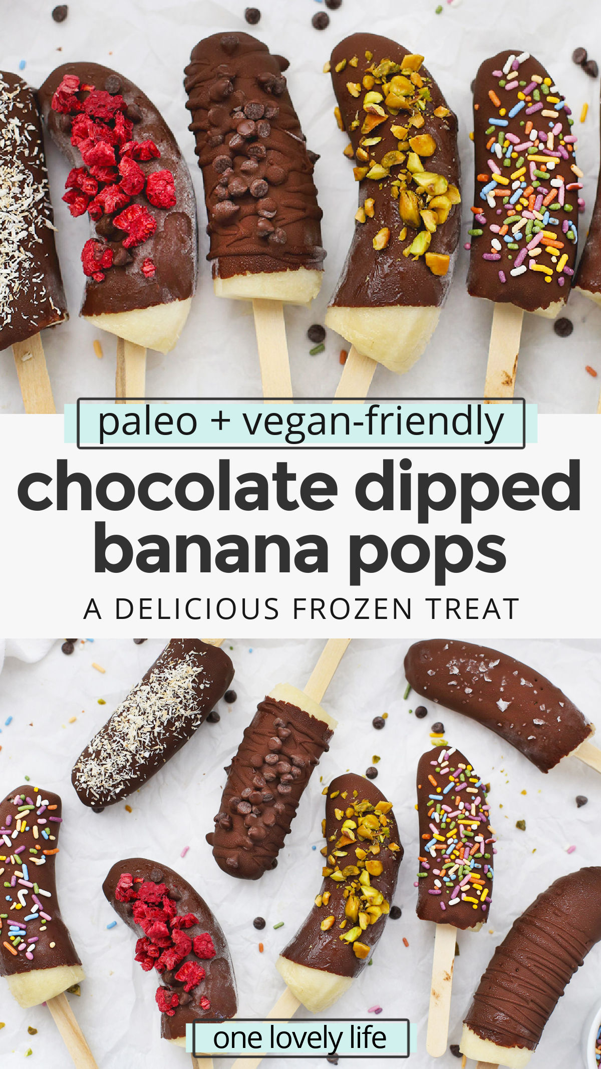 Healthy Chocolate Covered Bananas - These chocolate-dipped bananas are a delicious healthy snack or healthy dessert. Plus, they're gluten-free, vegan & paleo! // Chocolate Covered Banana Pops // Frozen Chocolate Bananas #paleo #healthytreat #healthysnack #vegan #bananas #chocolate