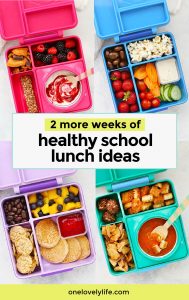 Collage of images of gluten-free healthy school lunches for kids in colorful lunch boxes