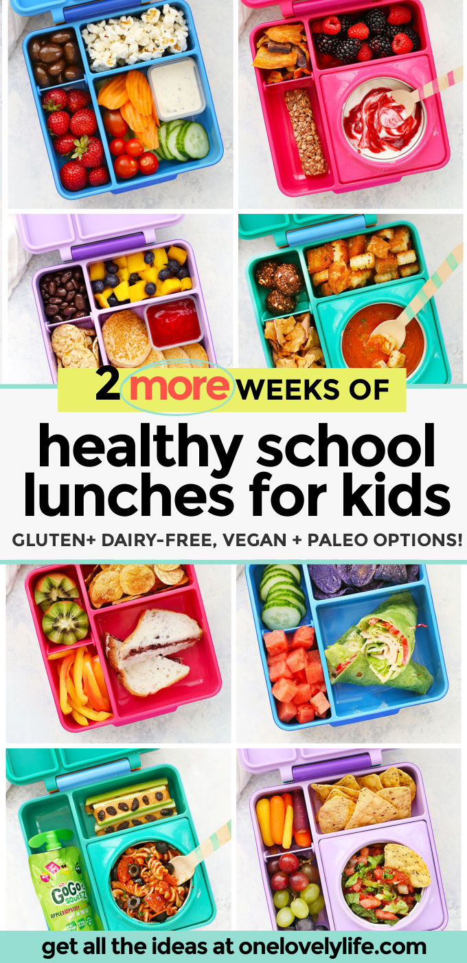 2 Weeks of Healthy School Lunches! These gluten free, dairy free school lunch ideas are all kid-tested and DELICIOUS! // School lunches // school lunch ideas // gluten free school lunches // dairy free school lunches // vegan school lunches, paleo school lunches #glutenfree #dairyfree #schoollunch #schoollunches #packedlunches #momhack