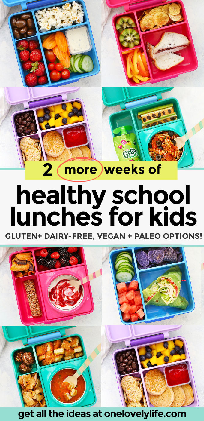 2 Weeks of Healthy School Lunches! These gluten free, dairy free school lunch ideas are all kid-tested and DELICIOUS! // School lunches // school lunch ideas // gluten free school lunches // dairy free school lunches // vegan school lunches, paleo school lunches #glutenfree #dairyfree #schoollunch #schoollunches #packedlunches #momhack
