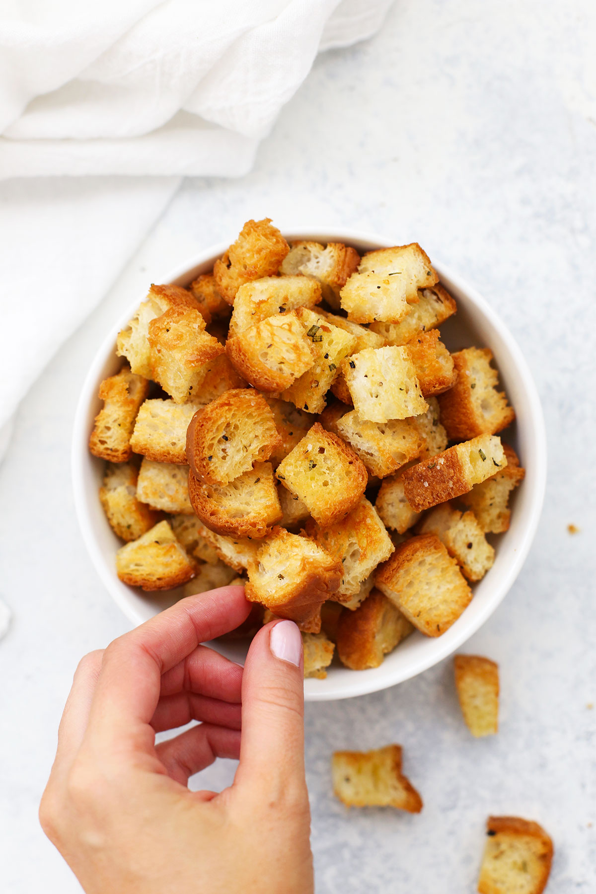 Gluten-Free Rosemary Croutons in a white bowl