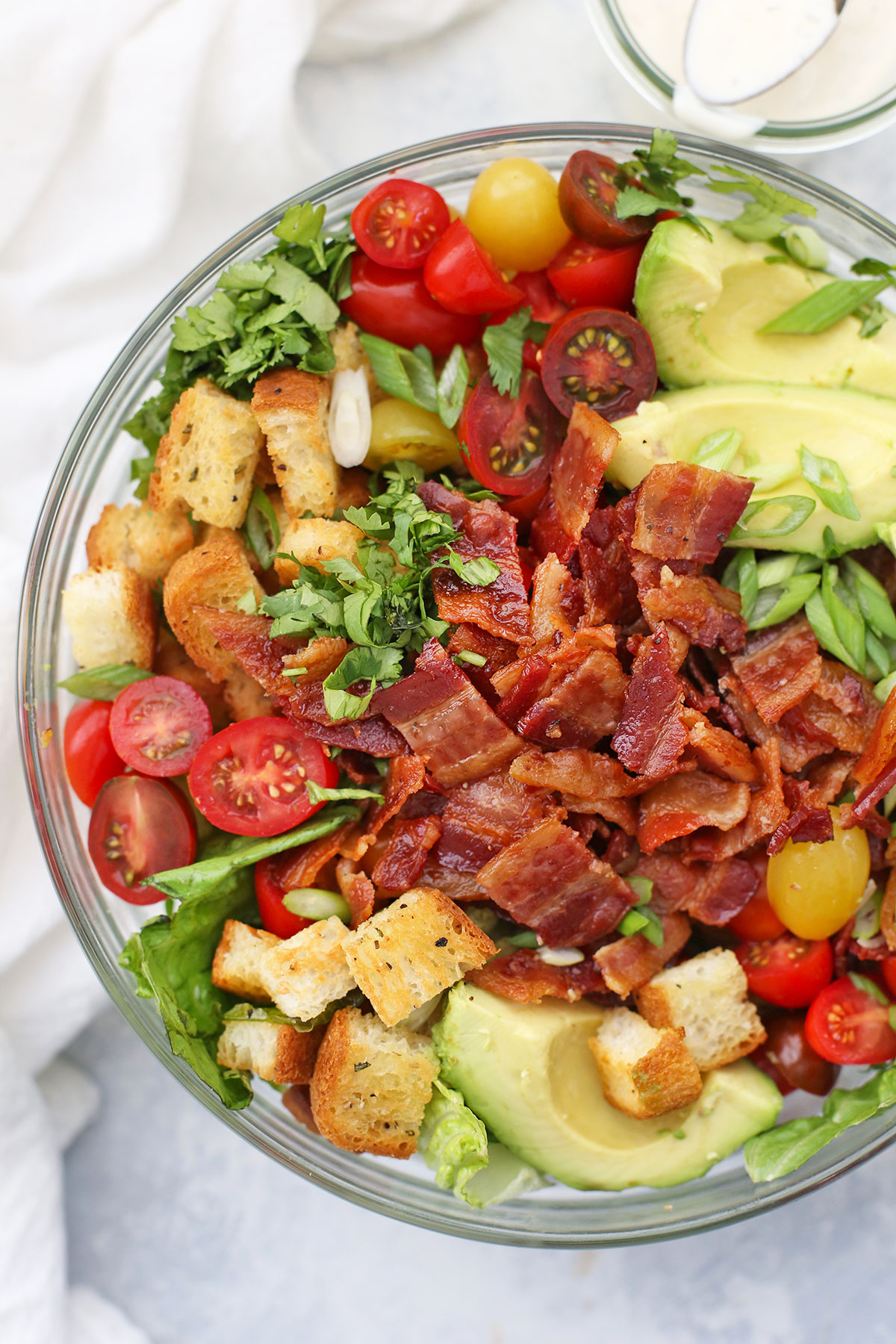 Close up view of BLT Salad with Gluten Free Croutons from One Lovely Life