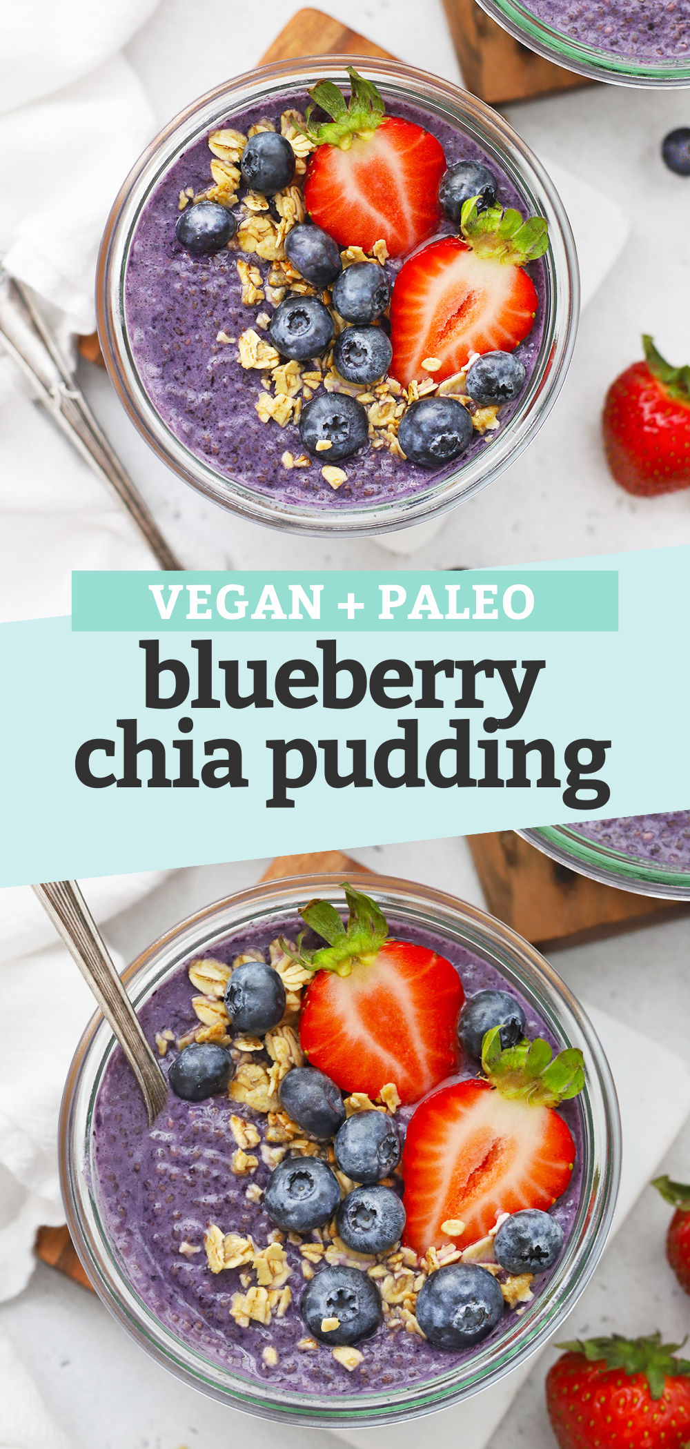 Collage of images of Blueberry Chia Pudding with text overlay that reads "Vegan + Paleo Blueberry Chia Pudding"