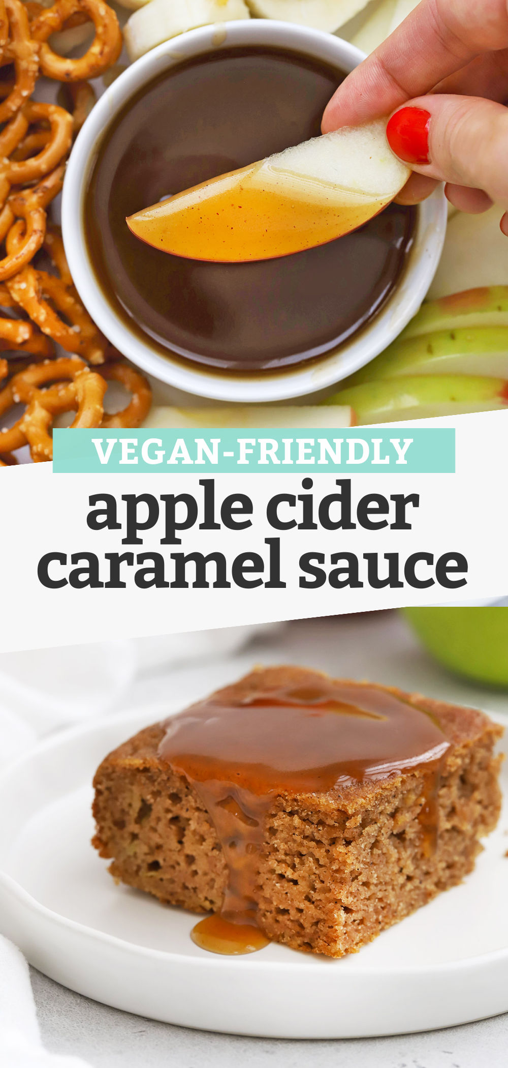 Collage of images of apple cider caramel sauce with text overlay that reads "Vegan-Friendly Apple Cider Caramel Sauce"
