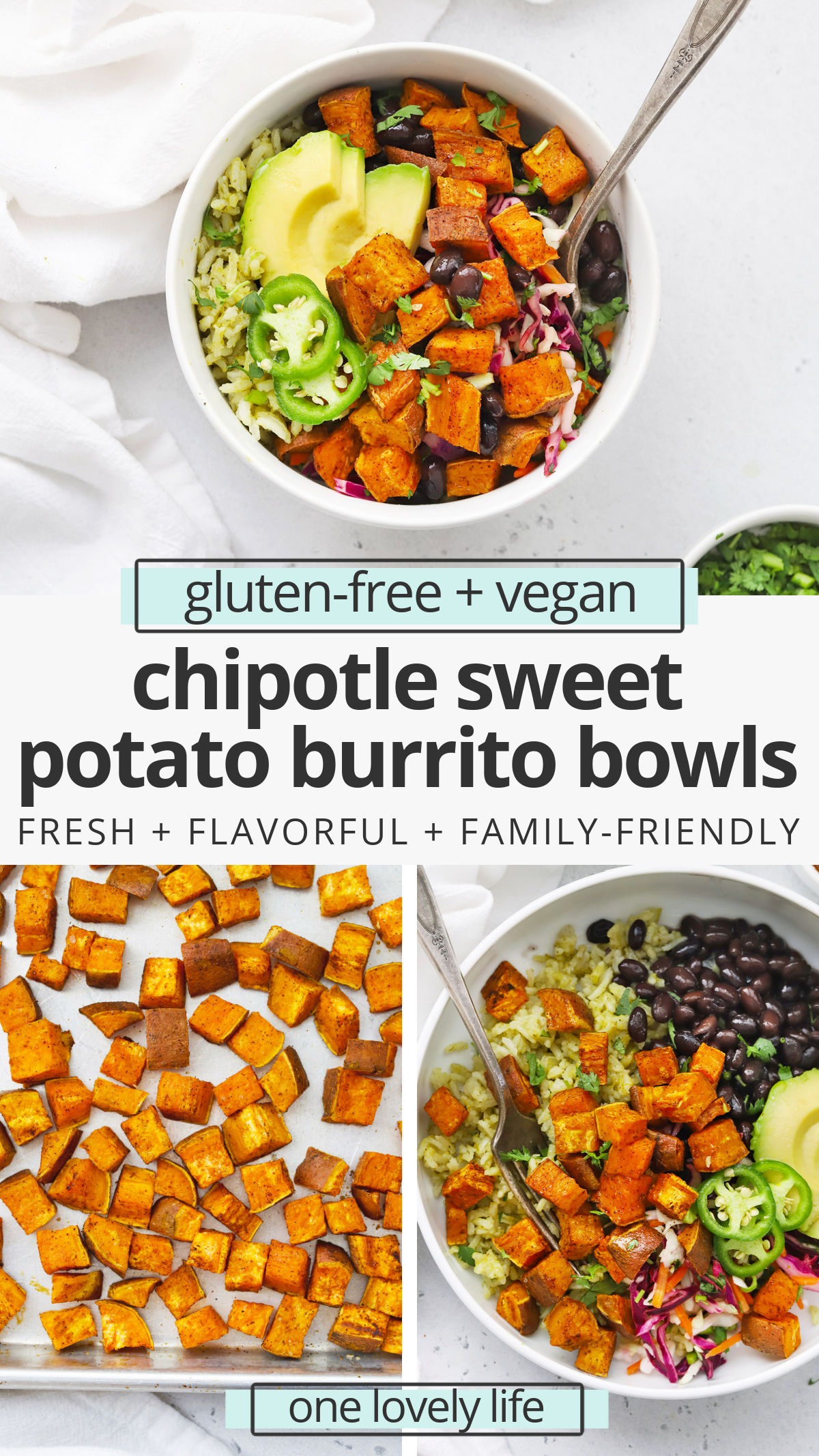 Chipotle Sweet Potato Burrito Bowls - Colorful sweet potato black bean burrito bowls loaded with seasoned roasted chipotle sweet potatoes, black beans, veggies, rice, and more. One of our favorite vegan burrito bowl recipes! (Gluten-Free, Vegan) // burrito bowl // roasted sweet potatoes // vegan burrito bowl // vegan dinner // healthy dinner #glutenfree #vegan #texmex #burritobowl #burrito