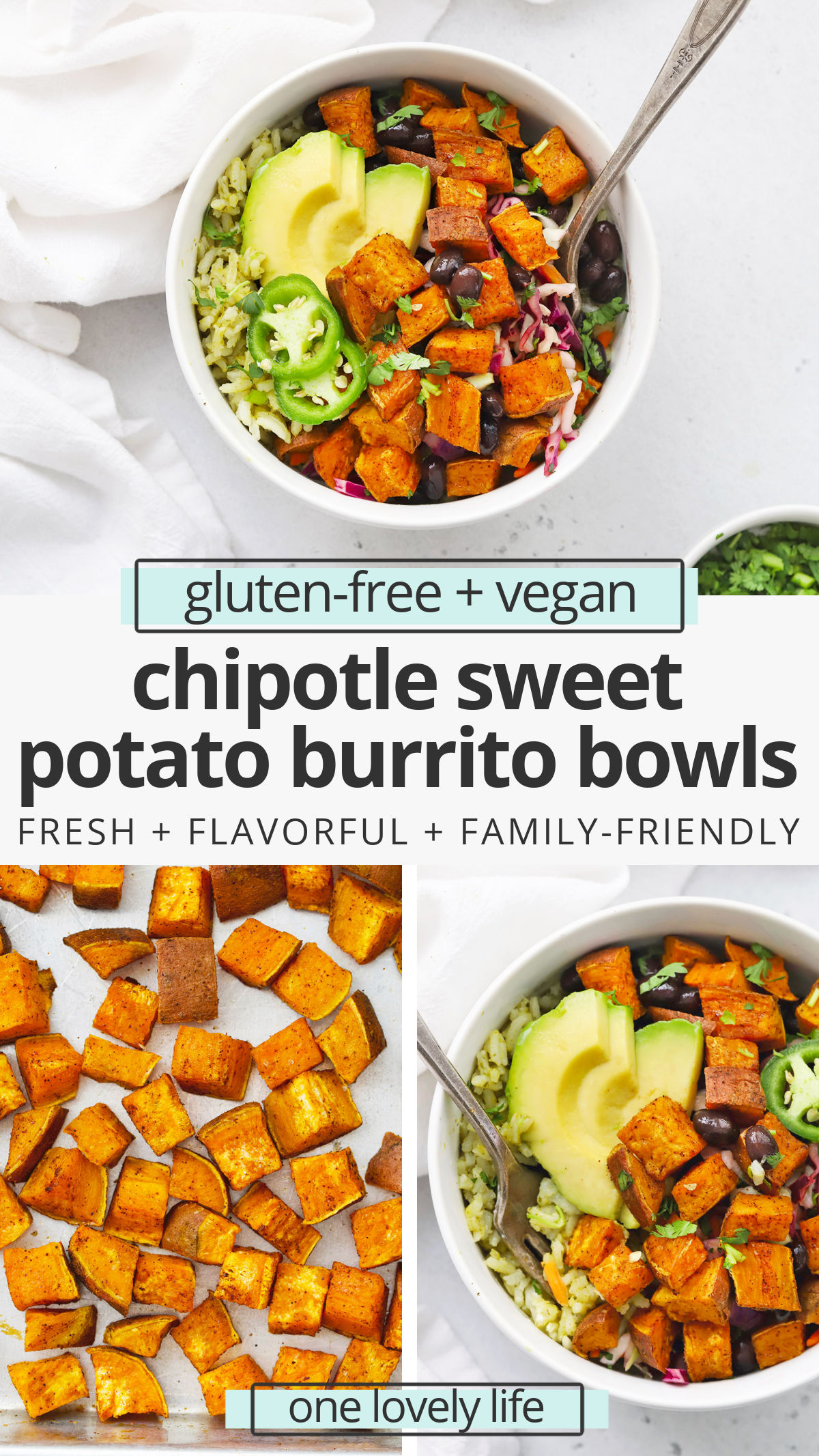 Chipotle Sweet Potato Burrito Bowls - Colorful sweet potato black bean burrito bowls loaded with seasoned roasted chipotle sweet potatoes, black beans, veggies, rice, and more. One of our favorite vegan burrito bowl recipes! (Gluten-Free, Vegan) // burrito bowl // roasted sweet potatoes // vegan burrito bowl // vegan dinner // healthy dinner #glutenfree #vegan #texmex #burritobowl #burrito