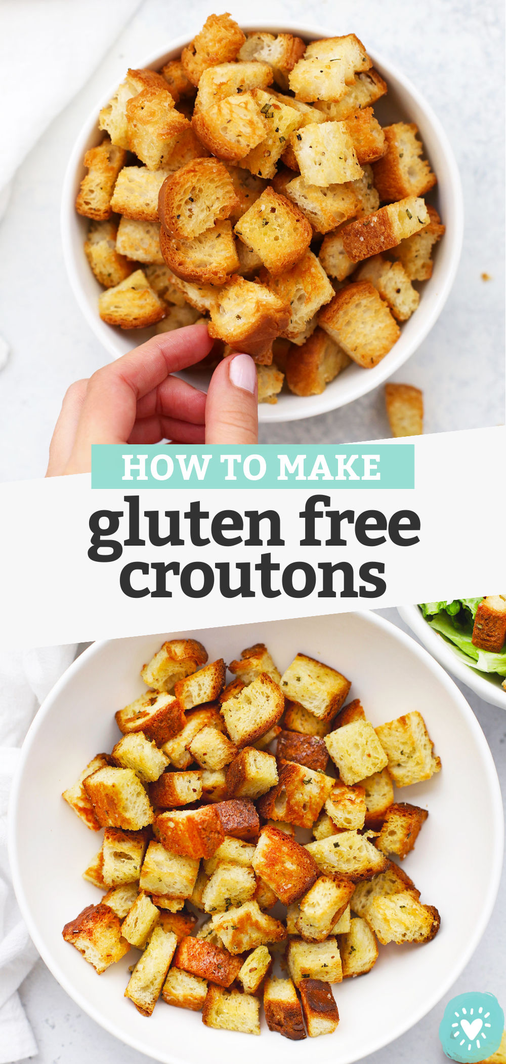 Collage of images of gluten-free croutons with text overlay that reads "How to Make Gluten-Free Croutons"