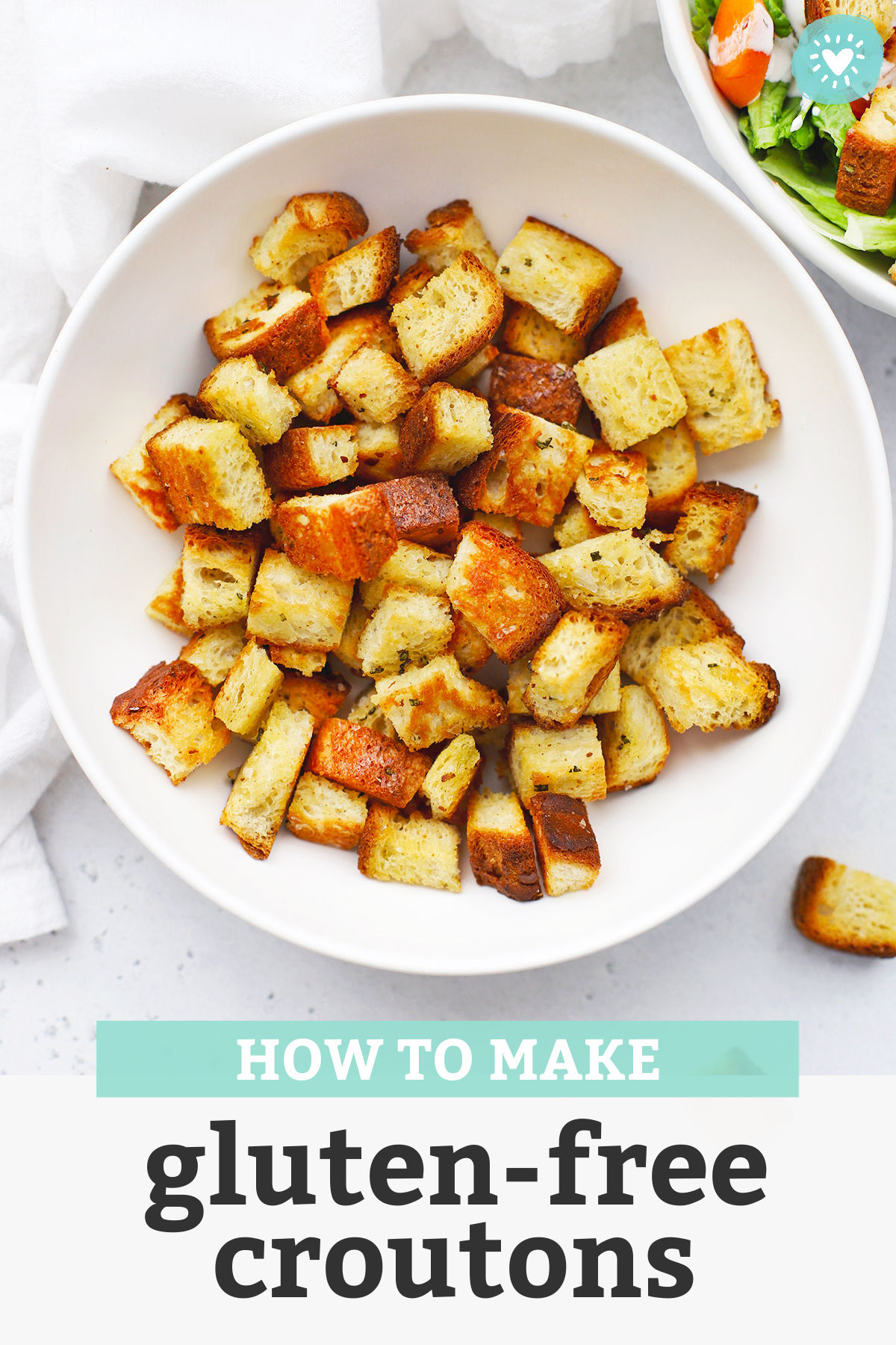 Gluten Free Croutons in a bowl next to salad with text overlay that reads "How to Make Gluten-Free Croutons"