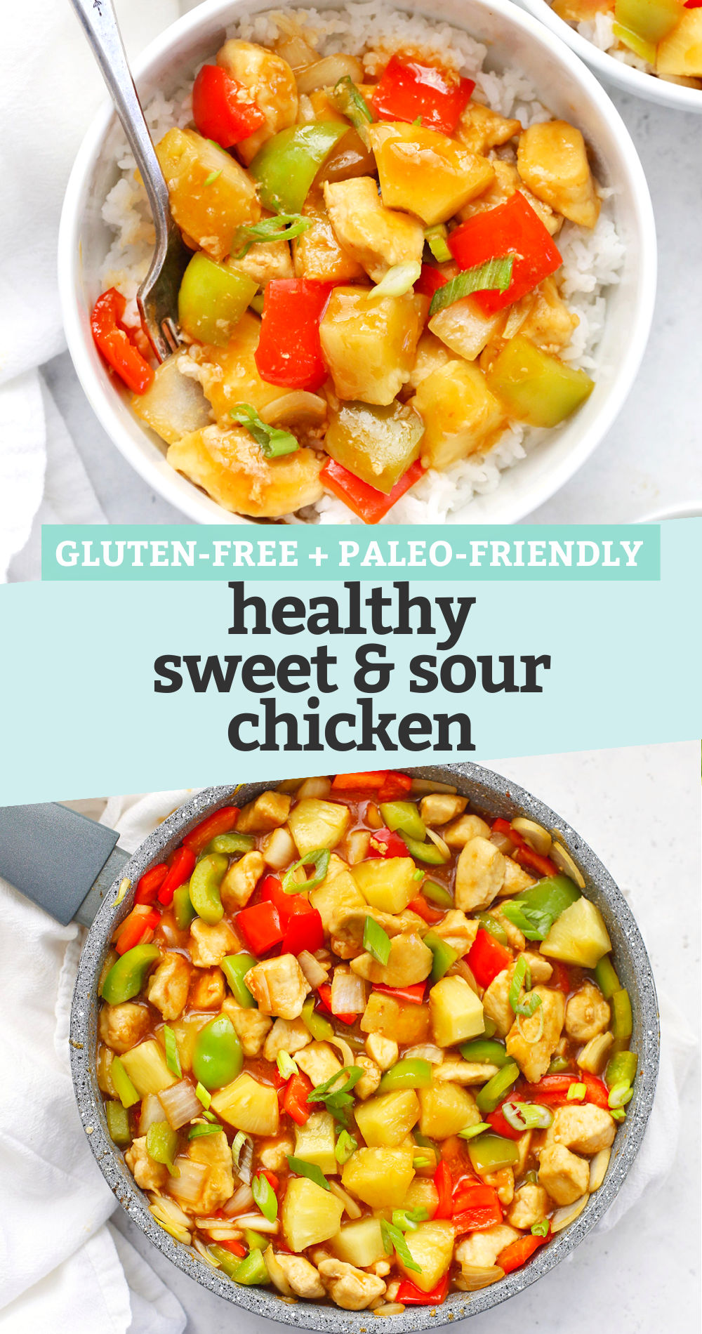 Collage of images of healthy sweet and sour chicken with text overlay that says "Gluten-Free + Paleo-Friendly Healthy Sweet & Sour Chicken"