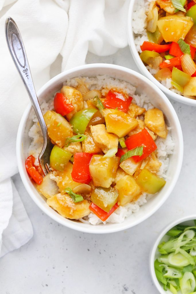 Close-up view of a bowl of Healthy Sweet and Sour Chicken