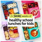 Collage of images of gluten-free healthy school lunches for kids in colorful lunch boxes