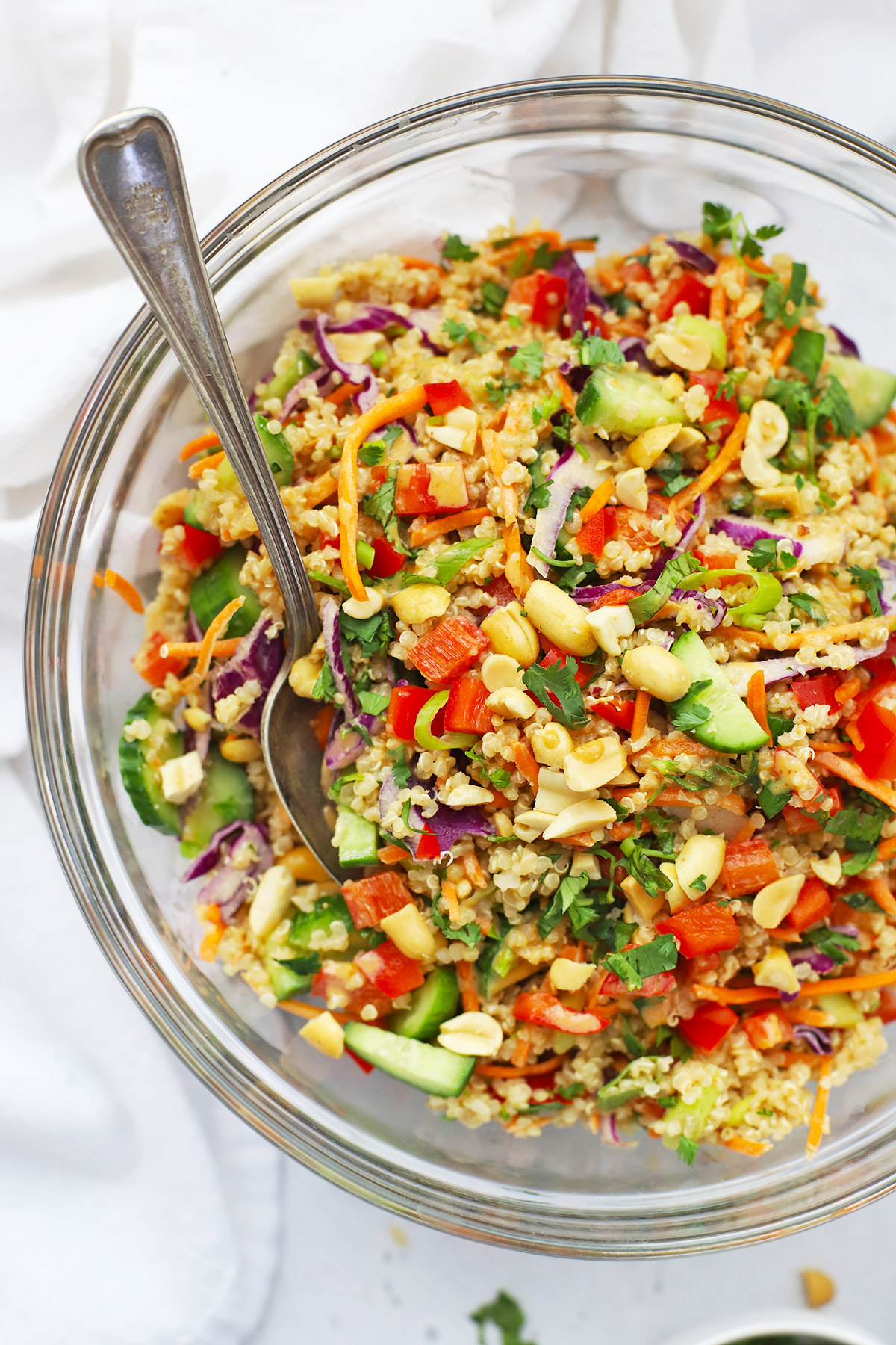 Close up view of Thai Quinoa Salad in a glass bowl