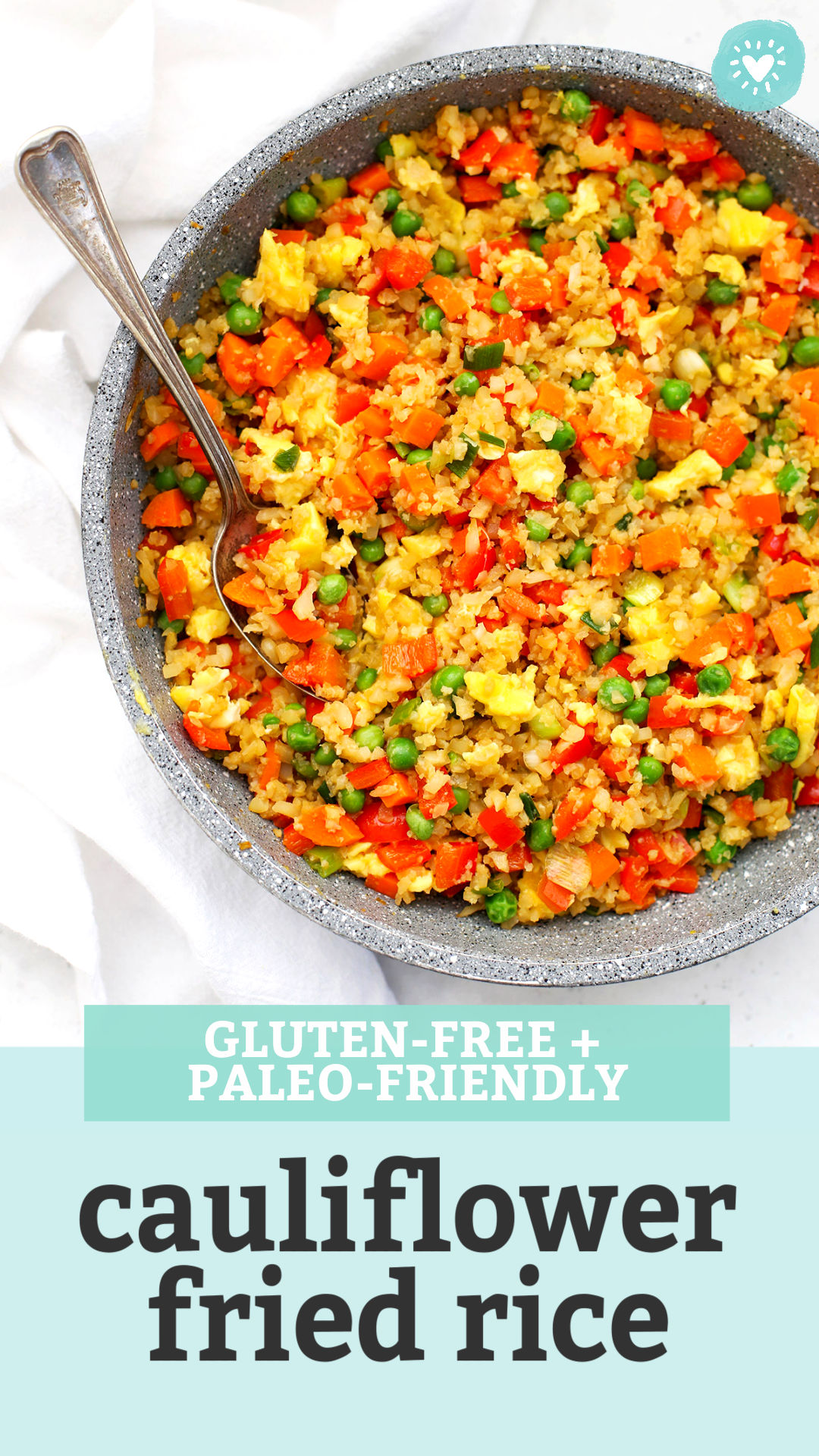 Collage of images of paleo cauliflower fried rice with a text overlay that reads "Gluten-Free + Paleo-Friendly Cauliflower Fried Rice"