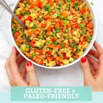 Collage of images of gluten-free cauliflower fried rice with a text overlay that reads "Gluten-Free + Paleo-Friendly Cauliflower Fried Rice"