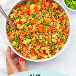 Collage of images of cauliflower fried rice with a text overlay that reads "Cauliflower Fried Rice. Gluten-Free + Paleo-Friendly"