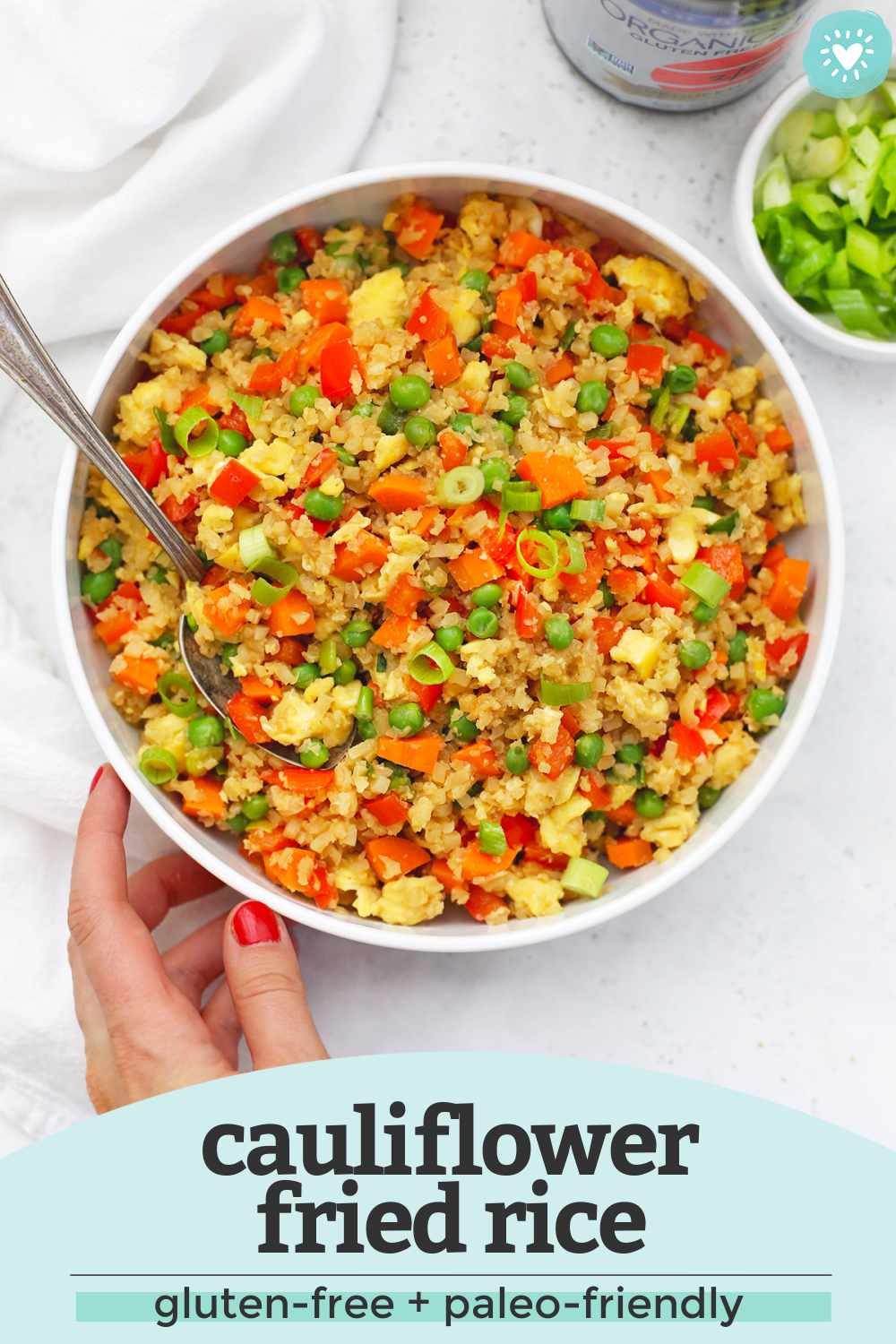 Collage of images of cauliflower fried rice with a text overlay that reads "Cauliflower Fried Rice. Gluten-Free + Paleo-Friendly"