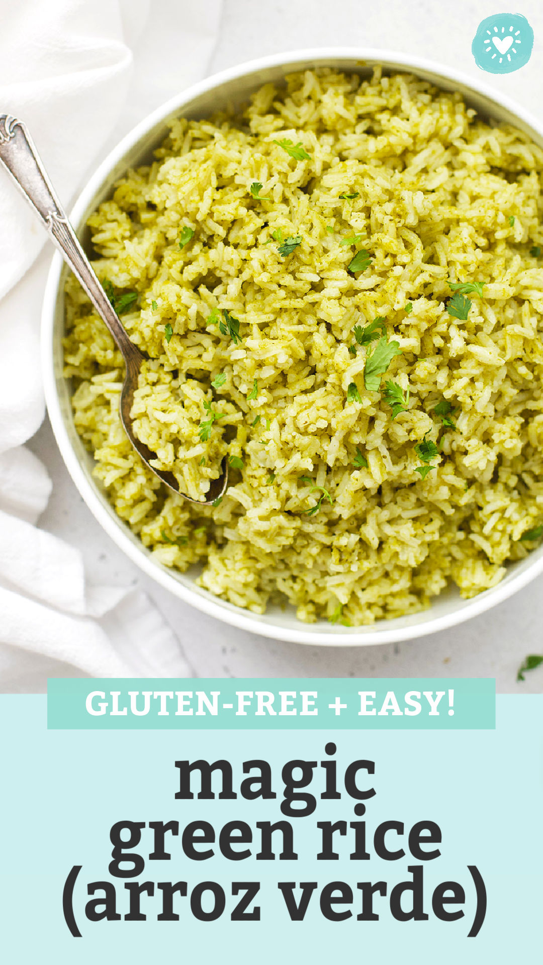 Mexican Green Rice (Arroz Verde) in a white bowl on a white background with text overlay that reads "Gluten-Free + Easy Magic Green Rice (Arroz Verde)"