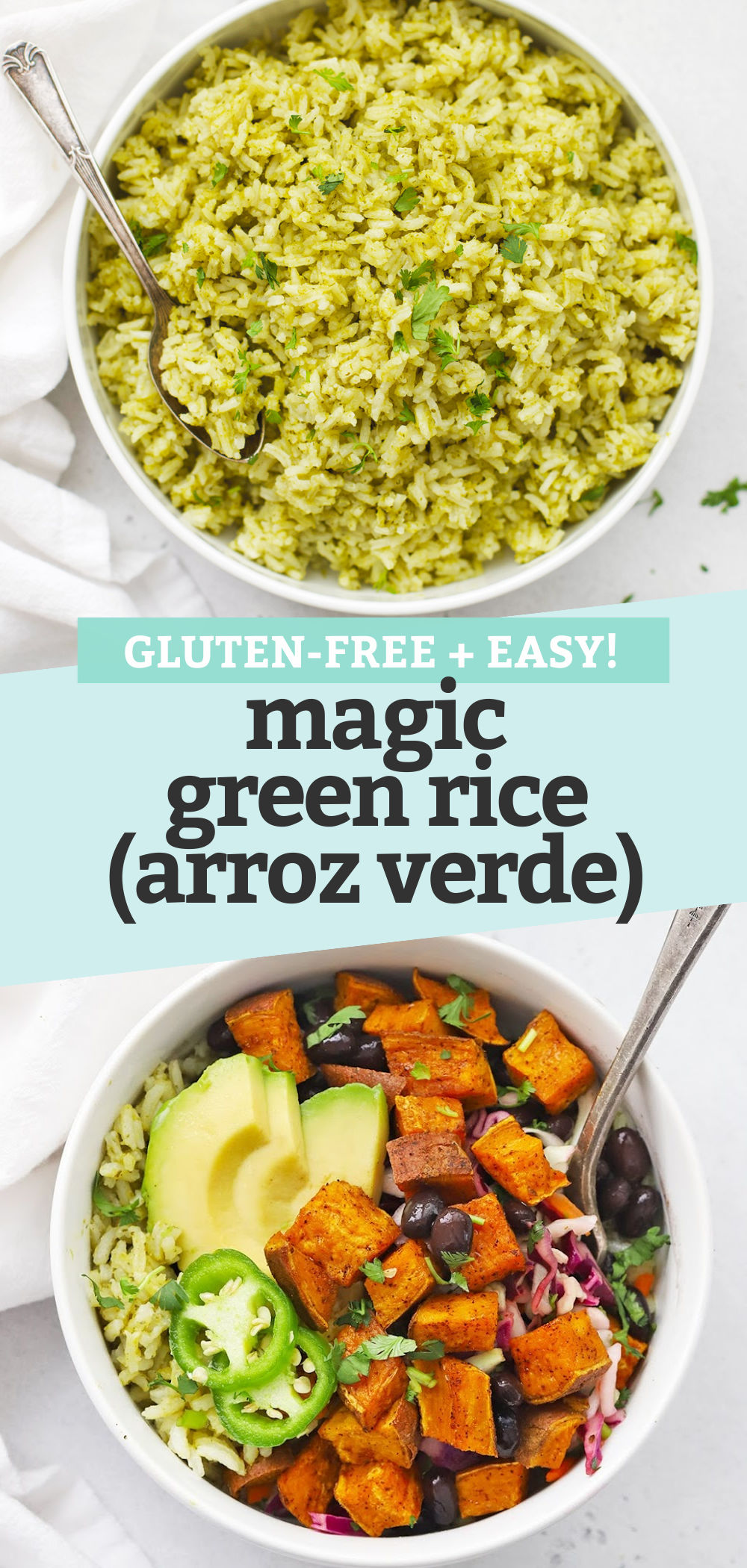 Collage of images of Mexican Green Rice (Arroz Verde) with a text overlay that reads "Gluten-Free + Easy Magic Green Rice (Arroz Verde)."